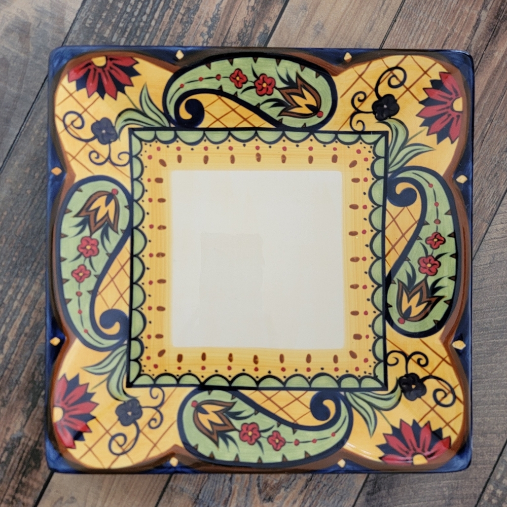 Corsica Home Crown Jewel Handcrafted Square Pottery Dinner Plate Colorful Blue